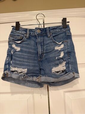 Distressed High-Rise Denim Shorts - Blue